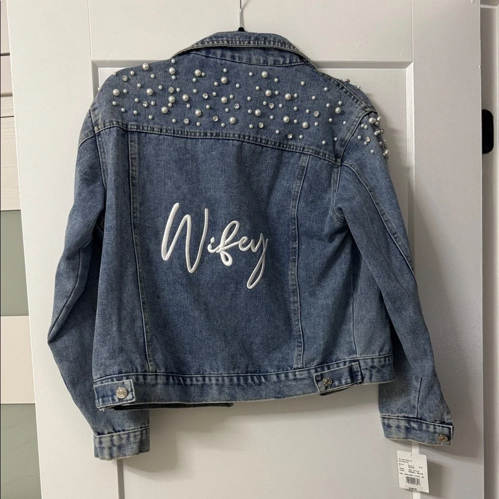 David's Bridal Blue Denim 'Wifey' Pearl Accent Jacket - Picture 1 of 2